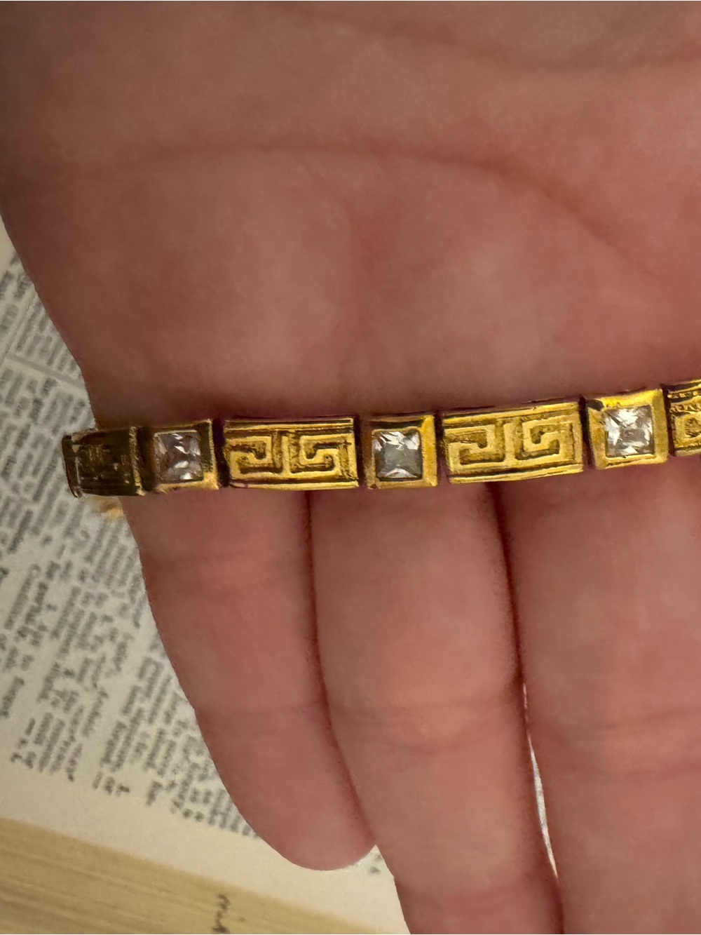 Gold-Tone Greek Key Stretch Bracelet with Clear Stones